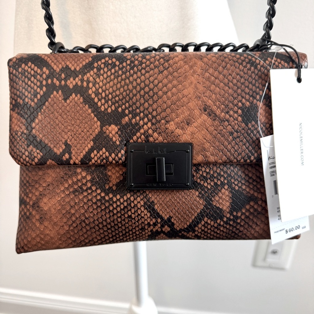 NEW Nicole Miller Brown Black Snakeskin Crossbody Bag Faux Leather